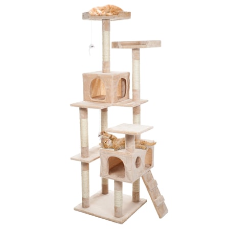 Pet Adobe Cat Tree House, Multi-Level, Scratching Posts, Condos, Perches & Toys, 66-Tall, Beige